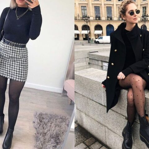 outfits con falda o vestido y medias para invierno