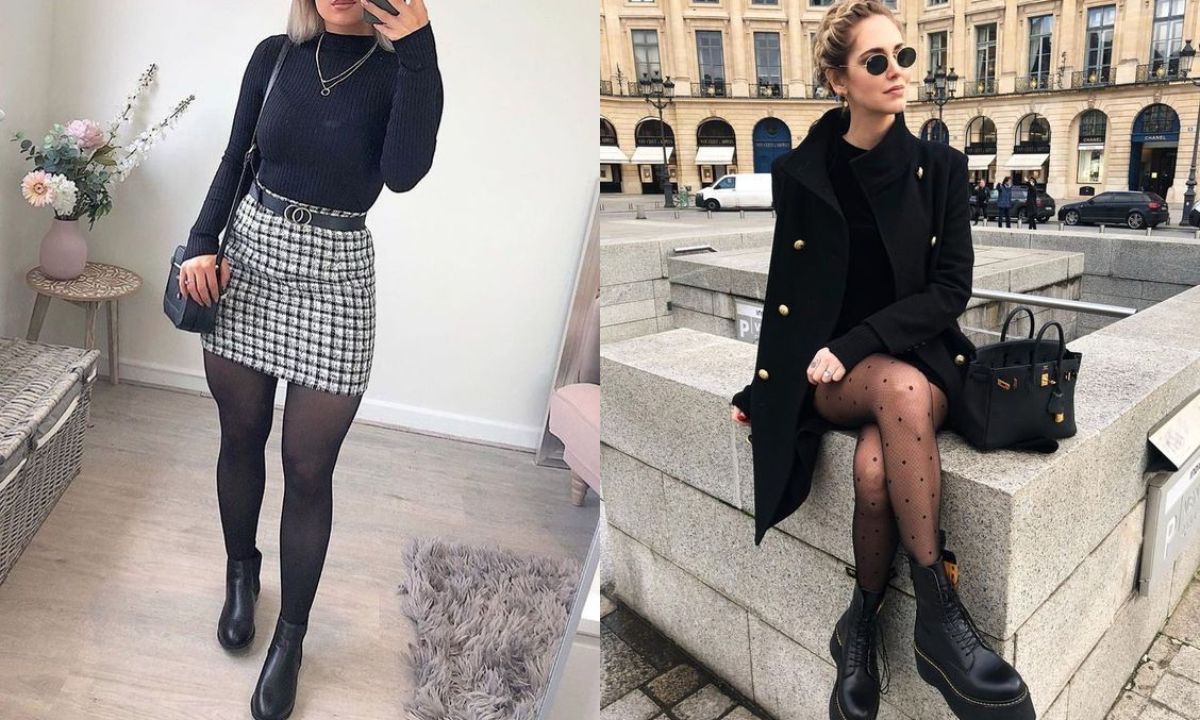 outfits con falda o vestido y medias para invierno