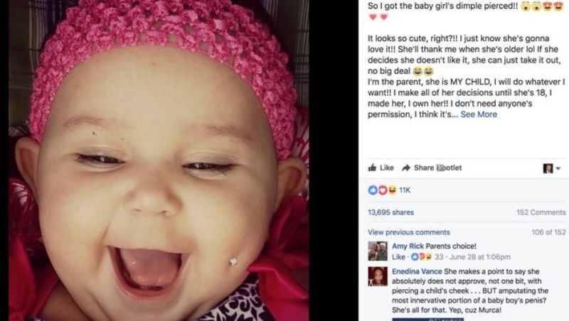 madre es criticada por perforar las mejillas de su bebé