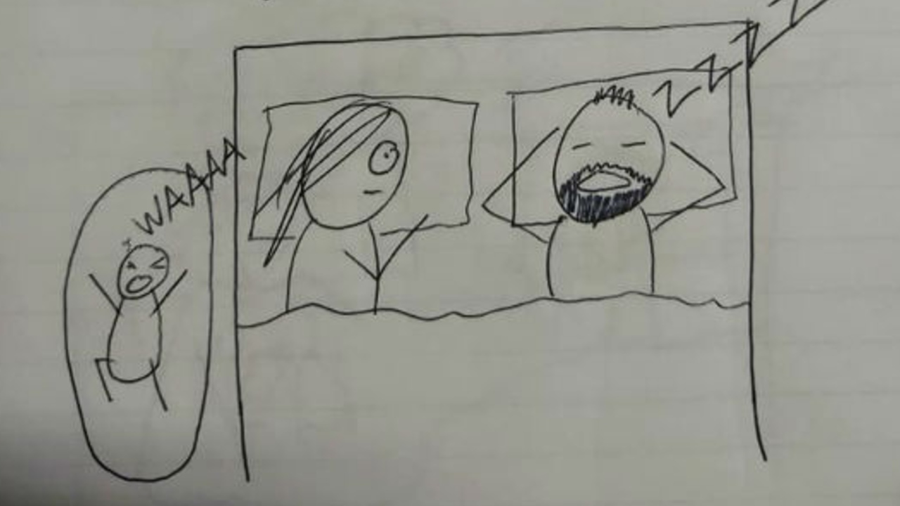 mama explica a su esposo con dibujitos cansancio