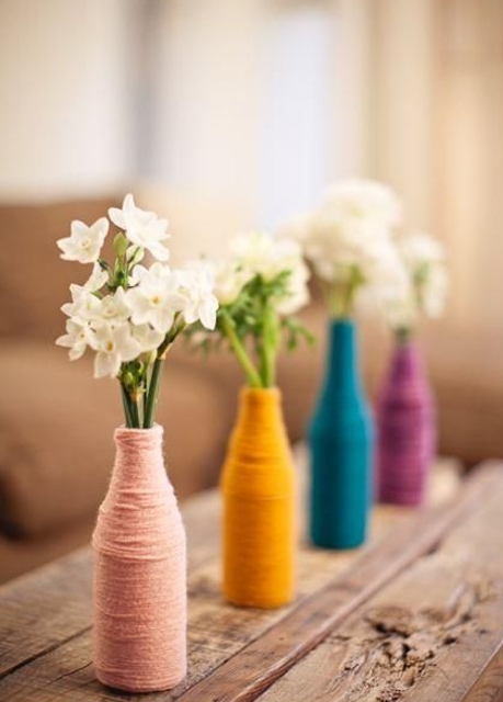 jarrones reciclados con estambre