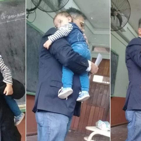 Profesor cuida al bebe de una alumna