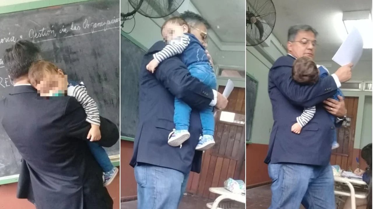 Profesor cuida al bebe de una alumna