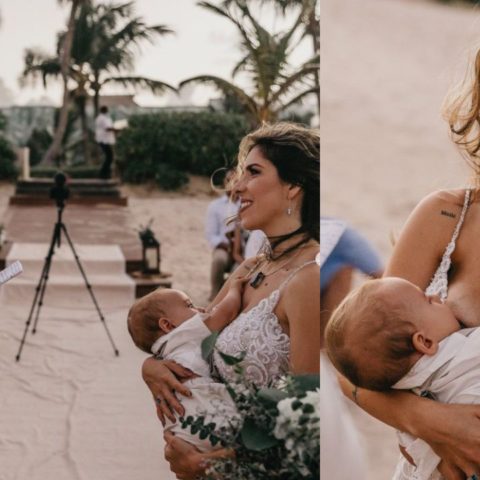 Madre amamanta a su bebé mientras se casaba