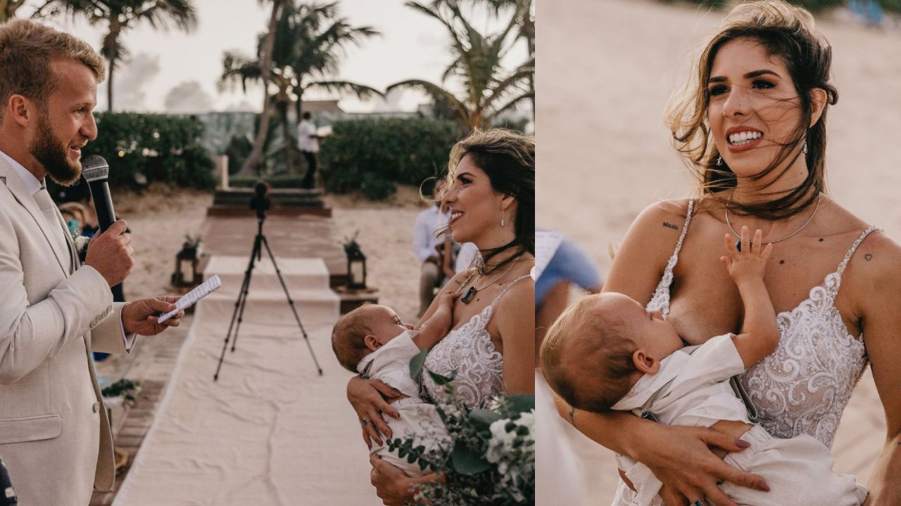 Madre amamanta a su bebé mientras se casaba