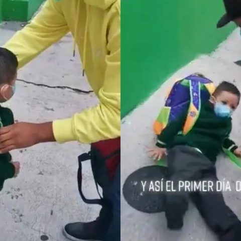 Niño se va de espaldas por el peso de su mochila