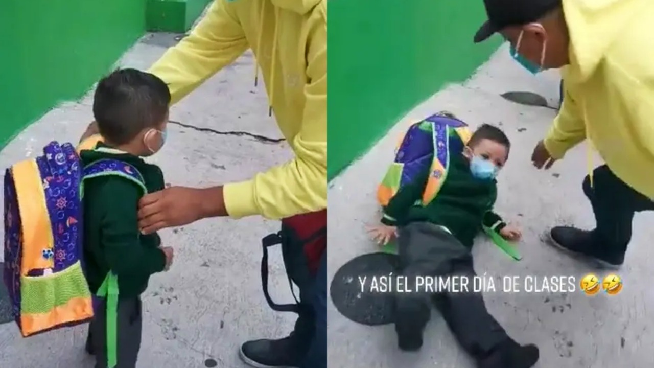 Niño se va de espaldas por el peso de su mochila