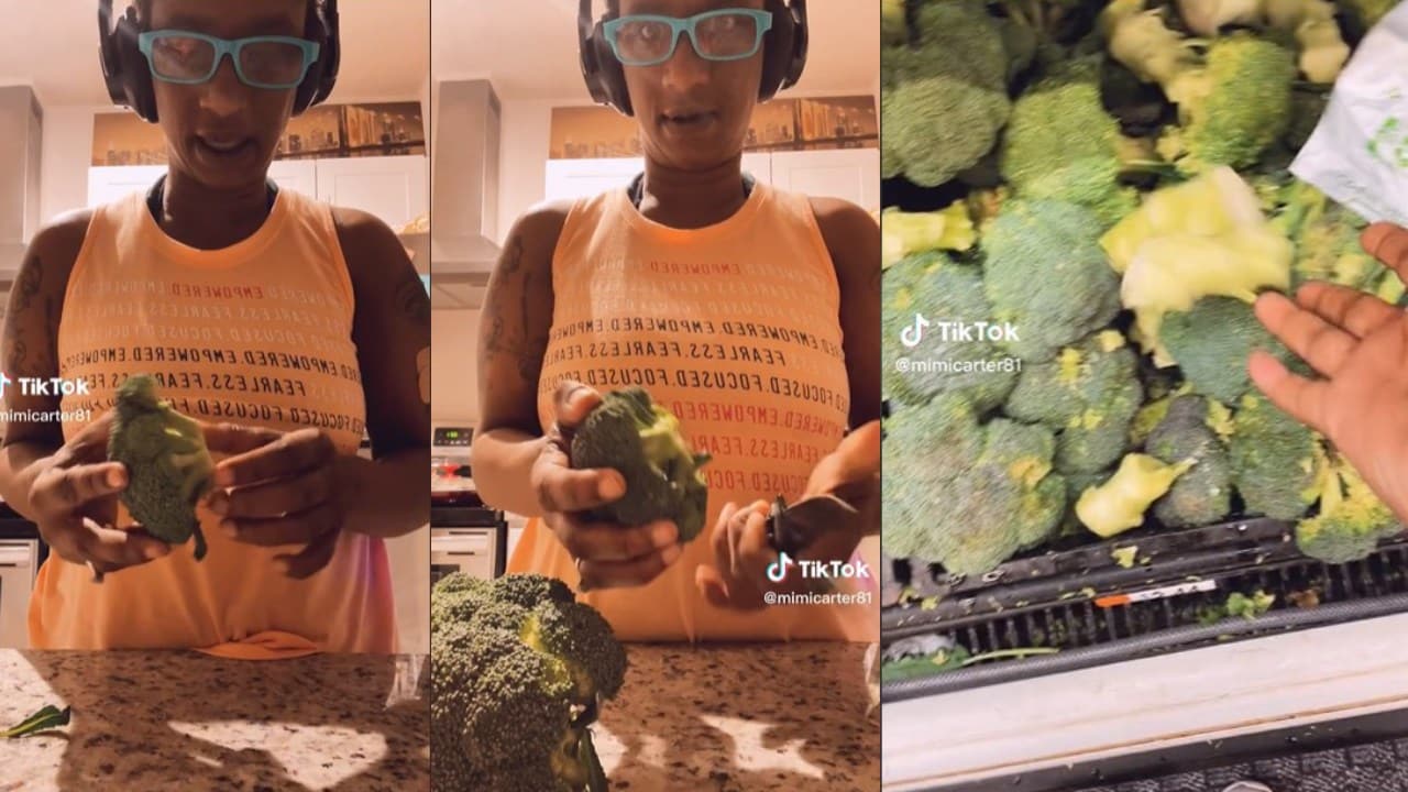 Mujer corta brócoli para pagar menos