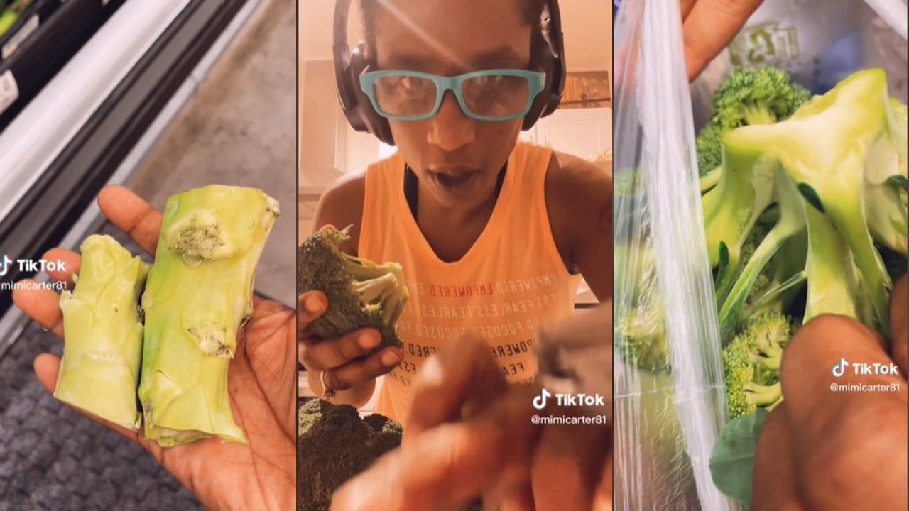 Mujer corta brócoli para pagar menos